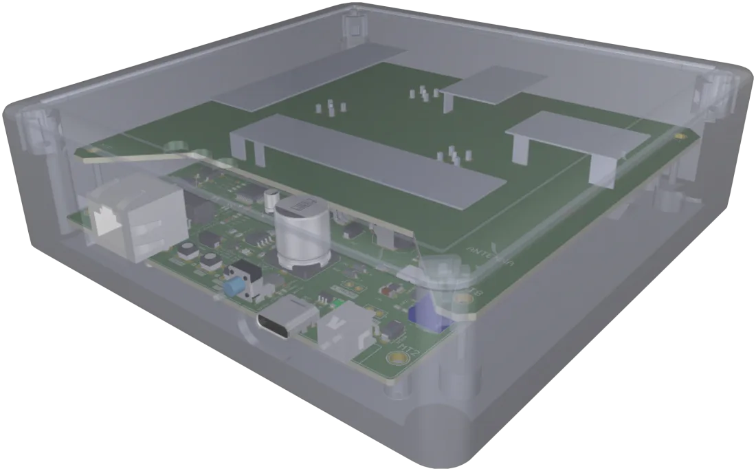 Multi-radio gateway board inside its translucent enclosure